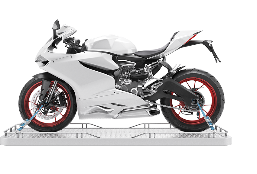 Eine Ducati Panigale verzurrt mit dem EILZURR Hohlachsen System, dein Motorrad ist perfekt mit nur 4 Zurrgurten befestigt.